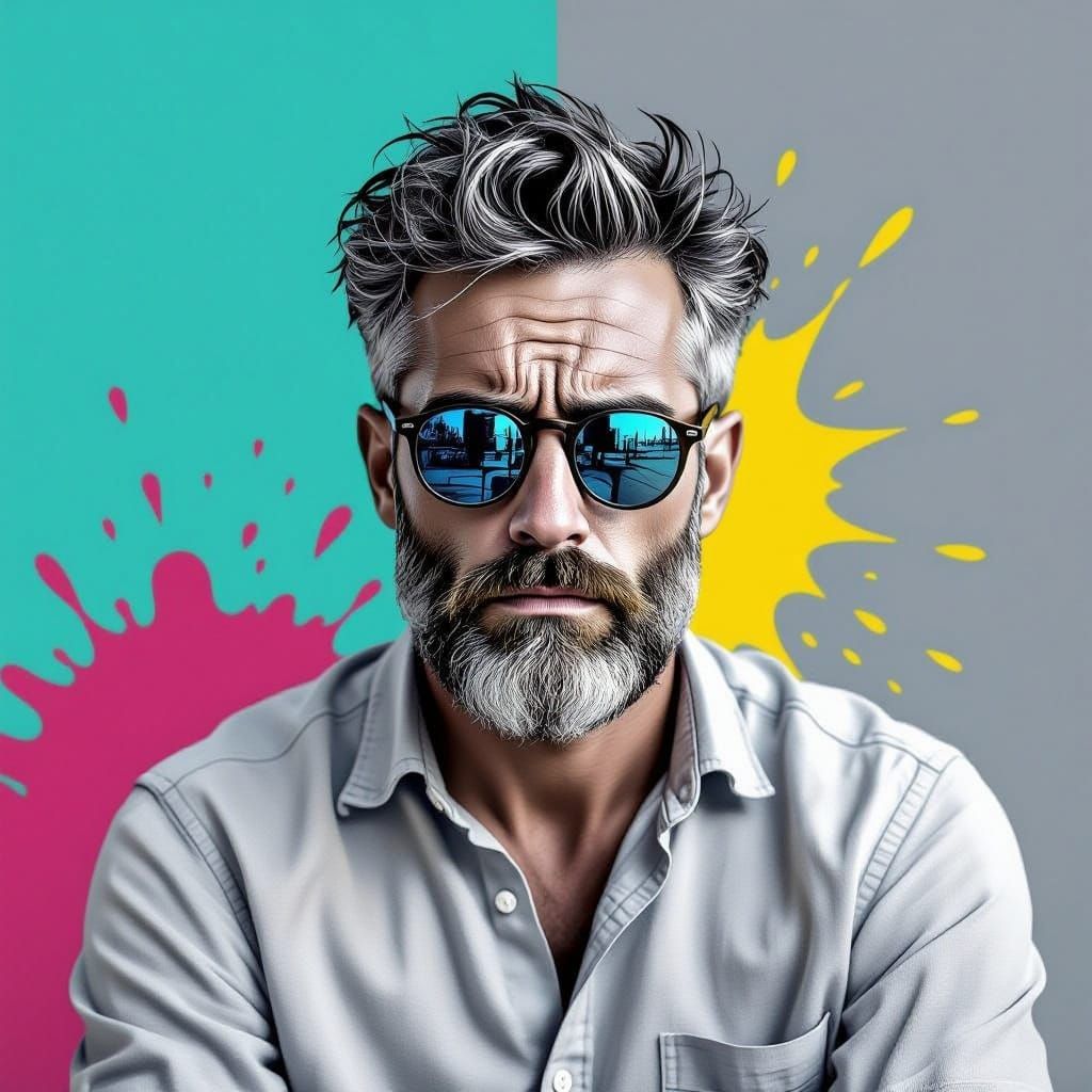 Monochromatic Sketch of Man in Concentration with Pop Art Co...