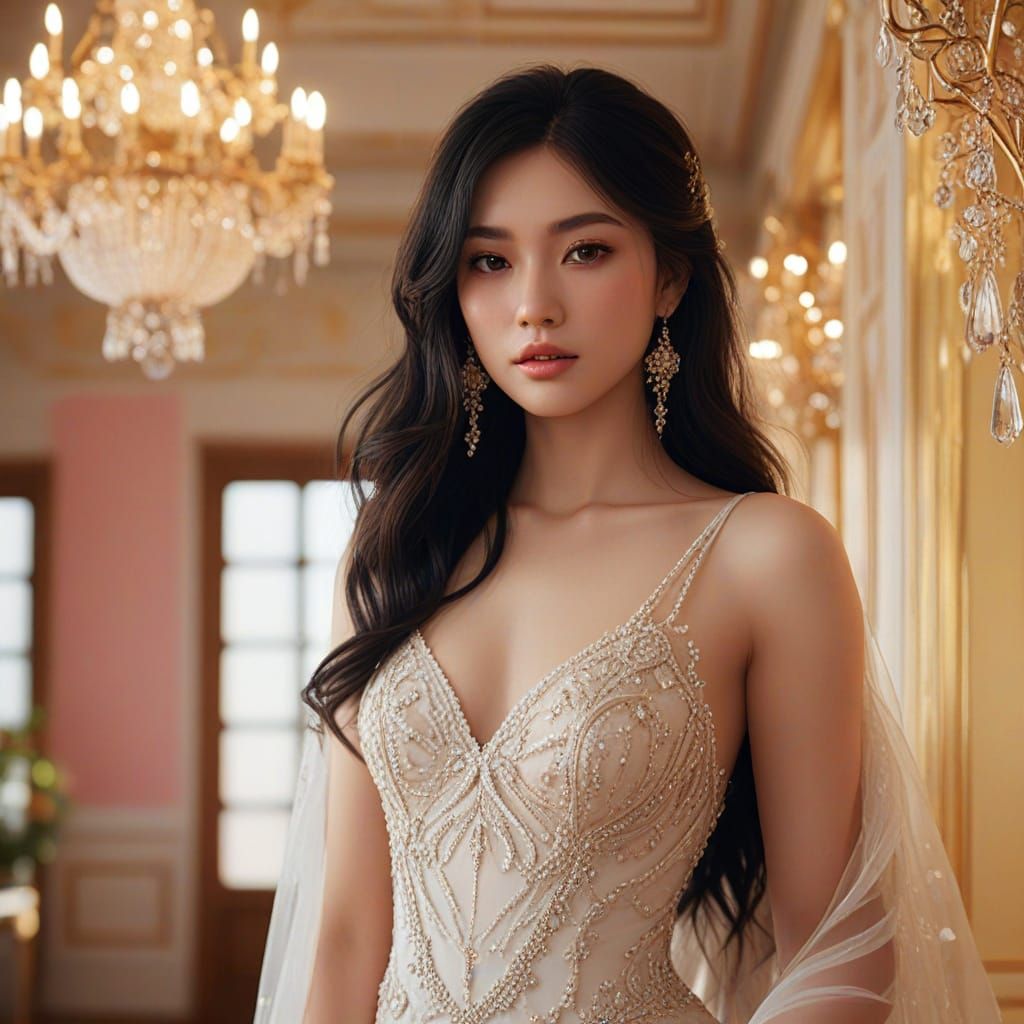 Beautiful Japanese Bride in Pink Dress, Cinematic Style