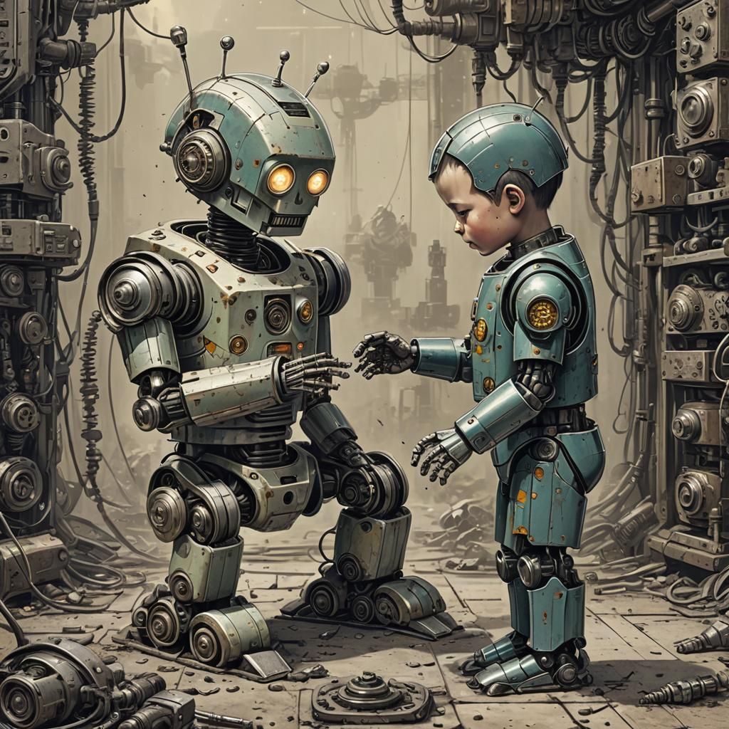 Adorable Robot and Boy Playing, Vintage Nuclearpunk