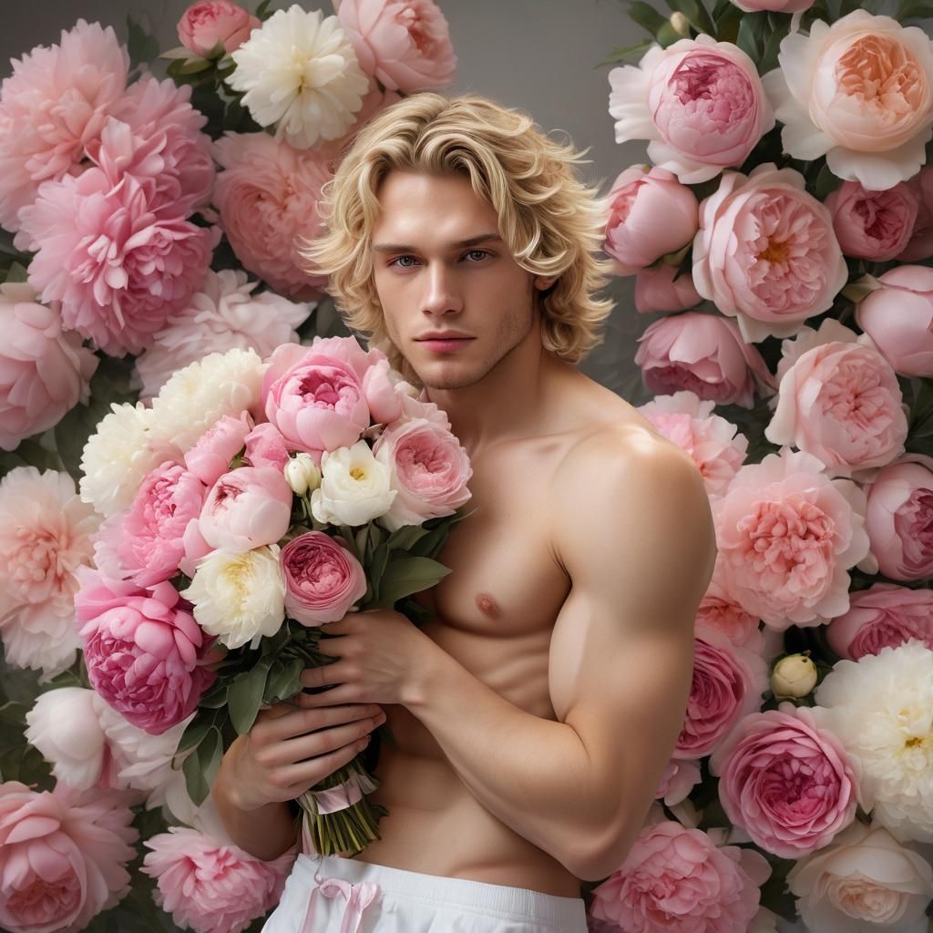 Blonde Man with Flower Bouquet: Photorealistic Image