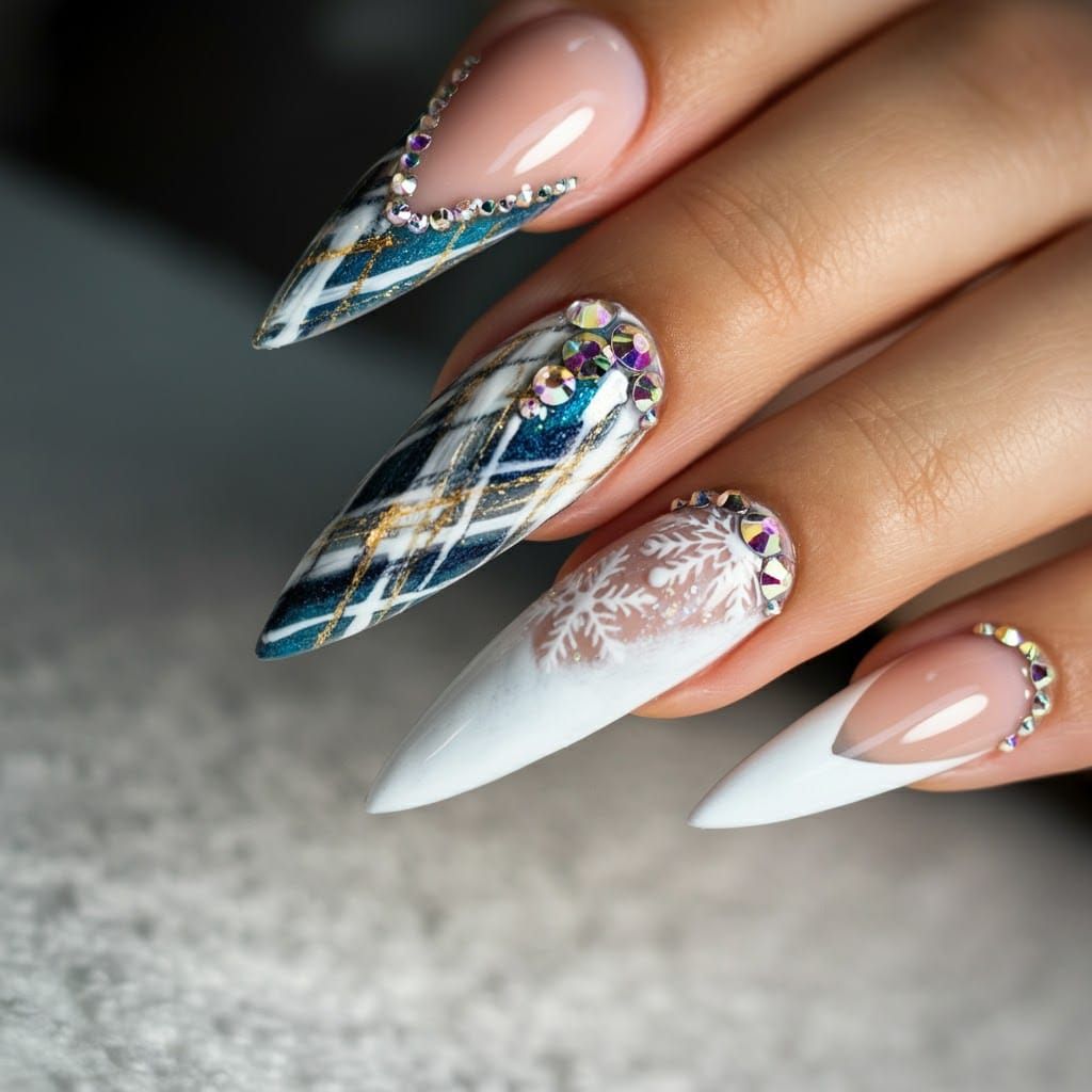 Festive Winter Nail Art: Plaid, Snowflakes, and Rhinestones