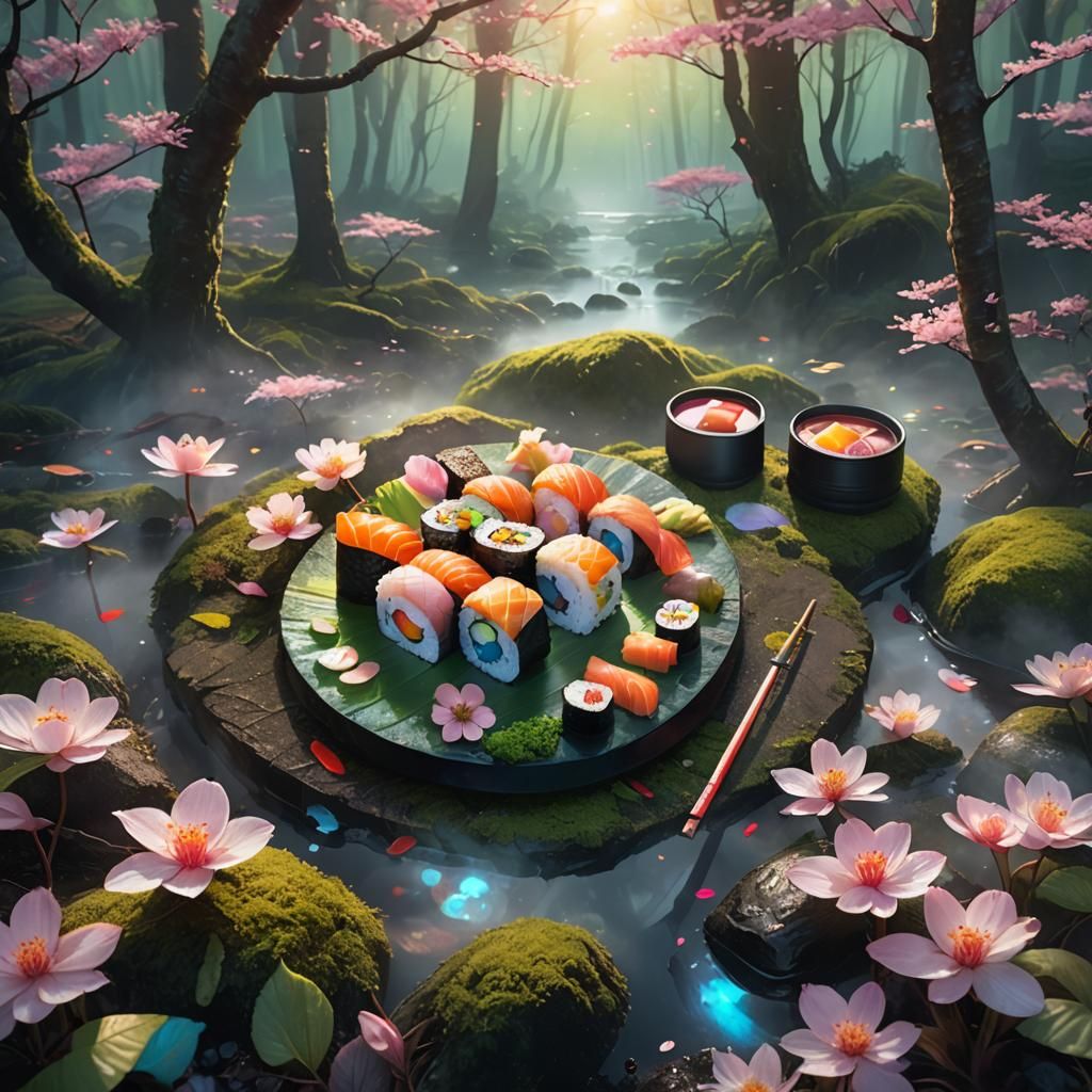 Ethereal Sushi Roll in a Glowing Forest