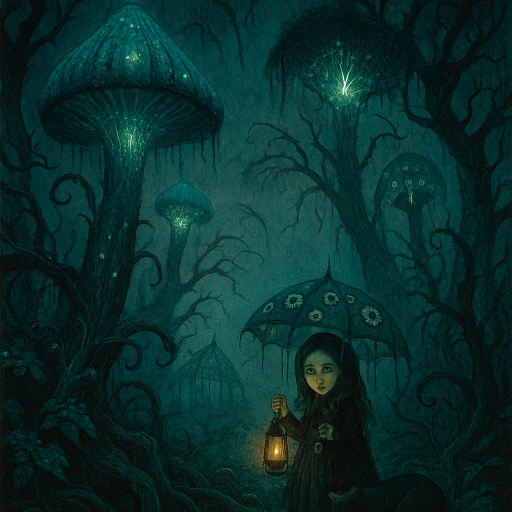 Overgrown Bioluminescent Garden with Gothic Girl: Oil Painti...