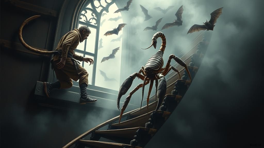 Man-Scorpion Ascends to Vortex of Bats