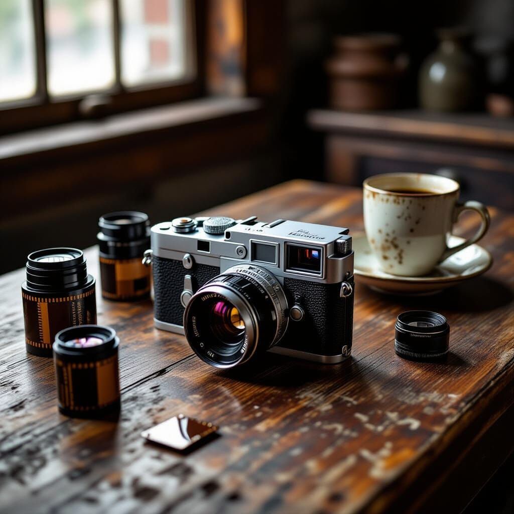 Hyperrealistic Vintage Leica Camera in Dimly Lit Studio