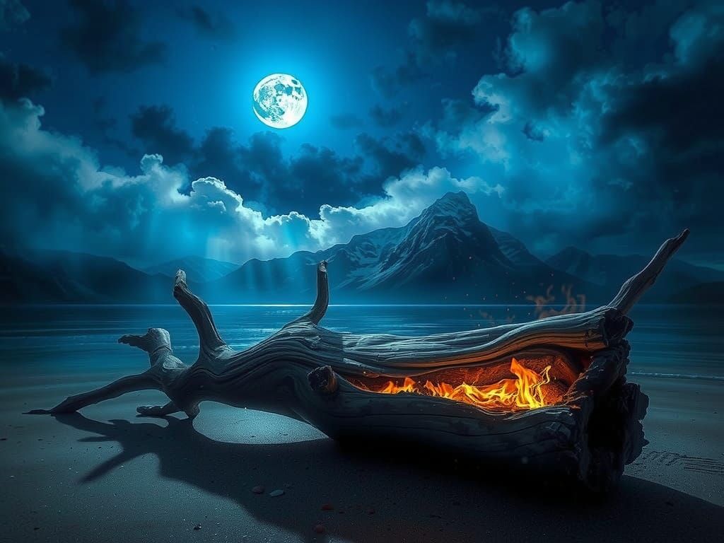 Hyper-Realistic Driftwood Beach Scene Under Blue Moonlight