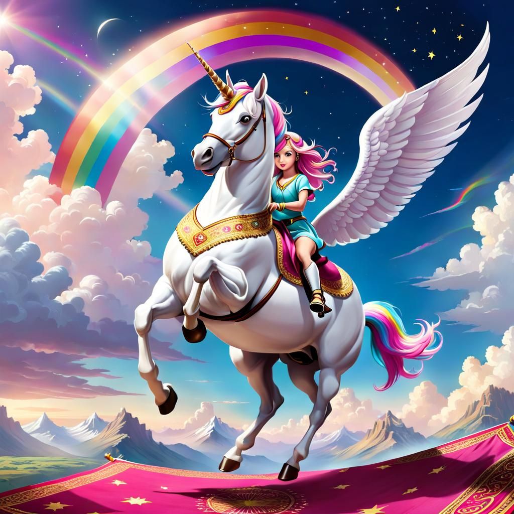 Unicorn on Flying Carpet: Serene Epic Scene