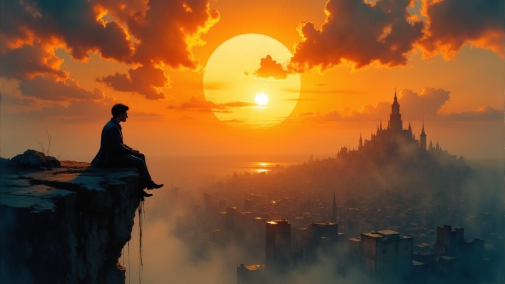 Giant Sunset Over Distant City on Cliff Edge