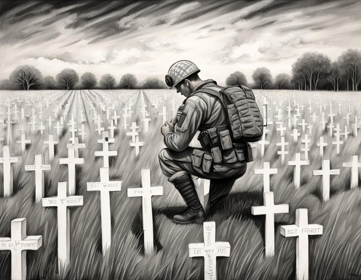 Soldier's Tribute: Kneeling at White Crosses, Charcoal Art