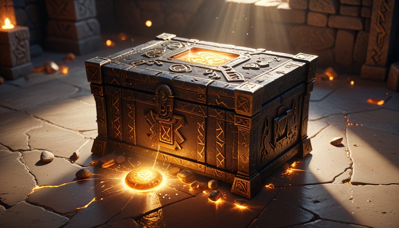 Mystical Treasure Chest Floating Above Glowing Runes