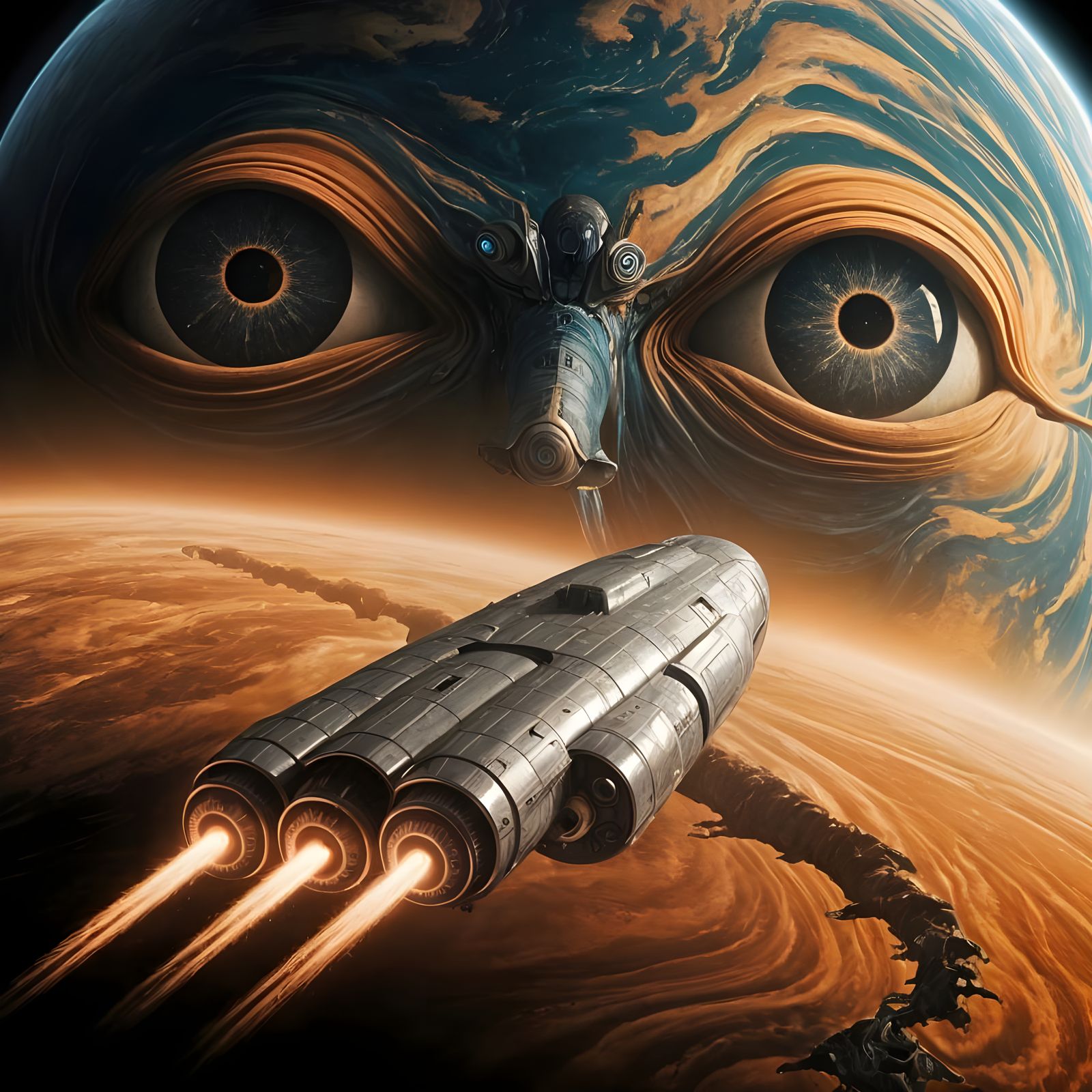 Colossal Spaceship Approaches Planet with Storm Eyes