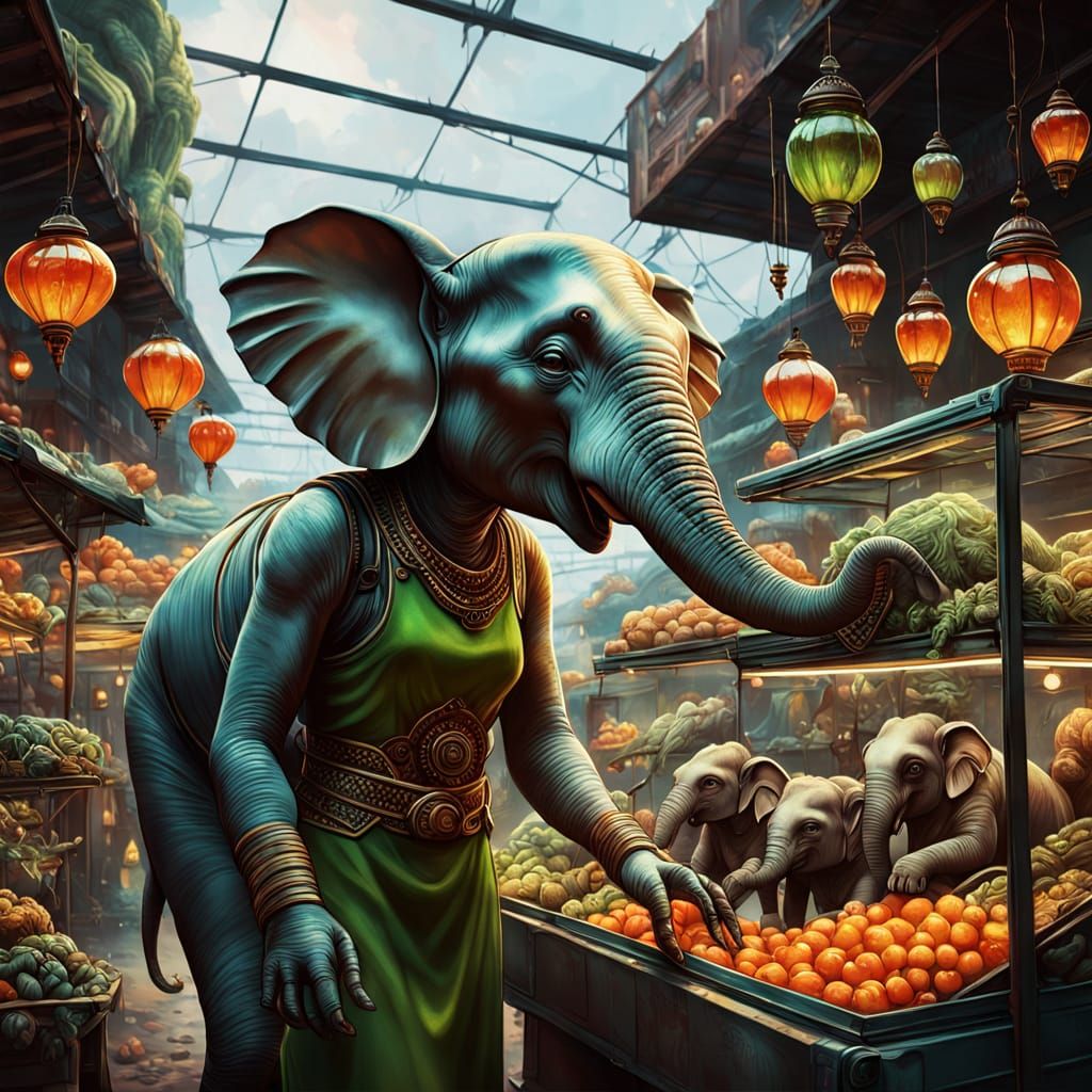 Hyperrealistic Alien Market Scene with Exotic Creatures