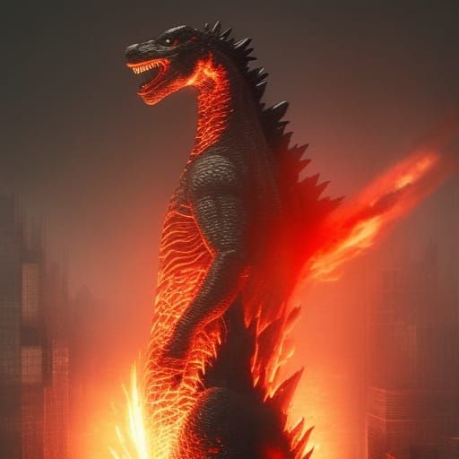 Godzilla with Flamethrower in Dark Fantasy Style