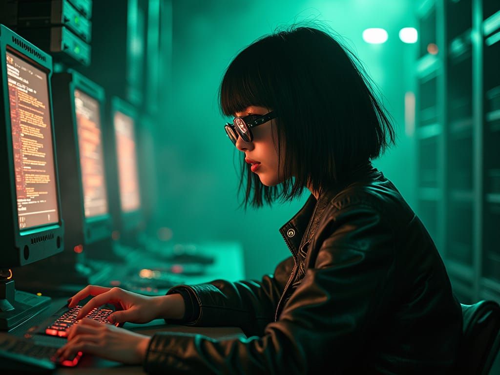 Cyberpunk Hacker in Gritty, High-Tech Bunker