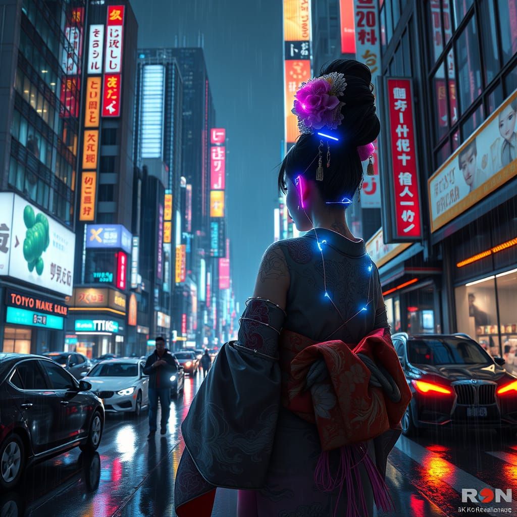 Hyperrealistic Cyberpunk Geisha in Neon Tokyo