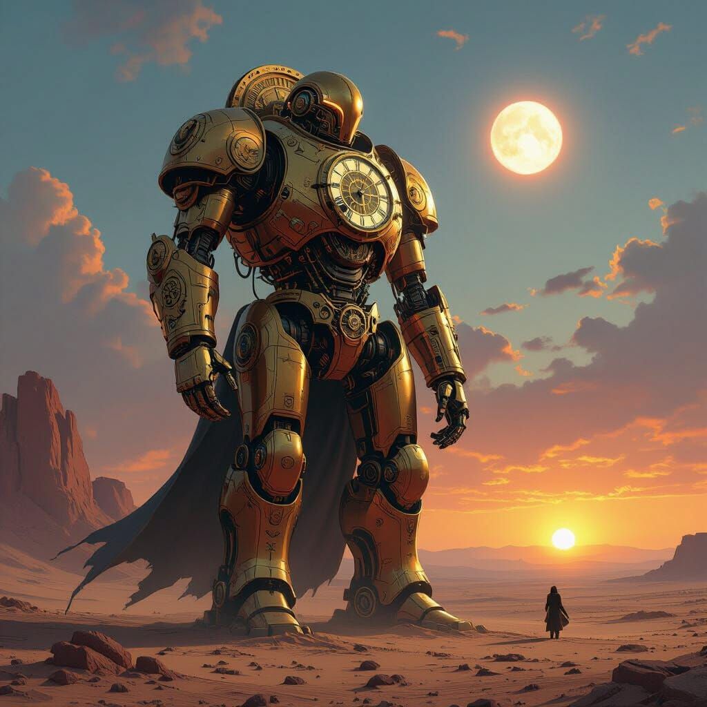 Clockwork Automaton in Alien Desert Under Binary Sunset