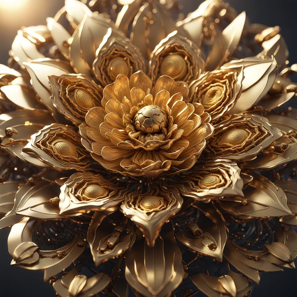 Futuristic Golden Metal Flower on Cloud, 8K Render