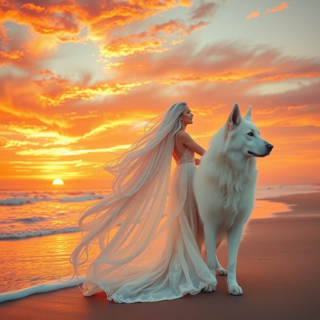 Woman and Dog at Sunset in Impressionistic Style