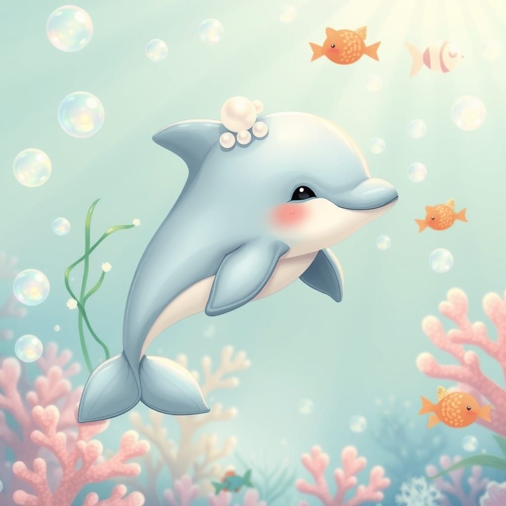 Baby Dolphin with Pearl Crown in Kawaii Fantasy Ocean