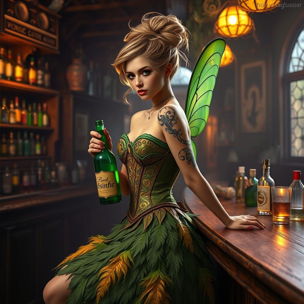 Enchanting Fairy Barmaid in Whimsical Art Nouveau Style