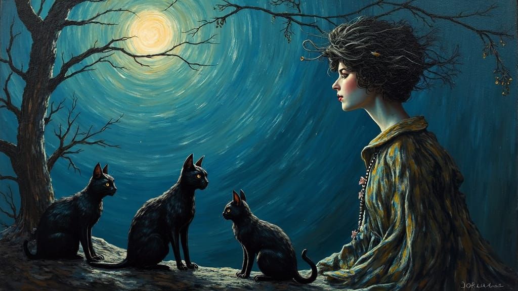 Mysterious Woman with Black Cats in Surreal Impressionism