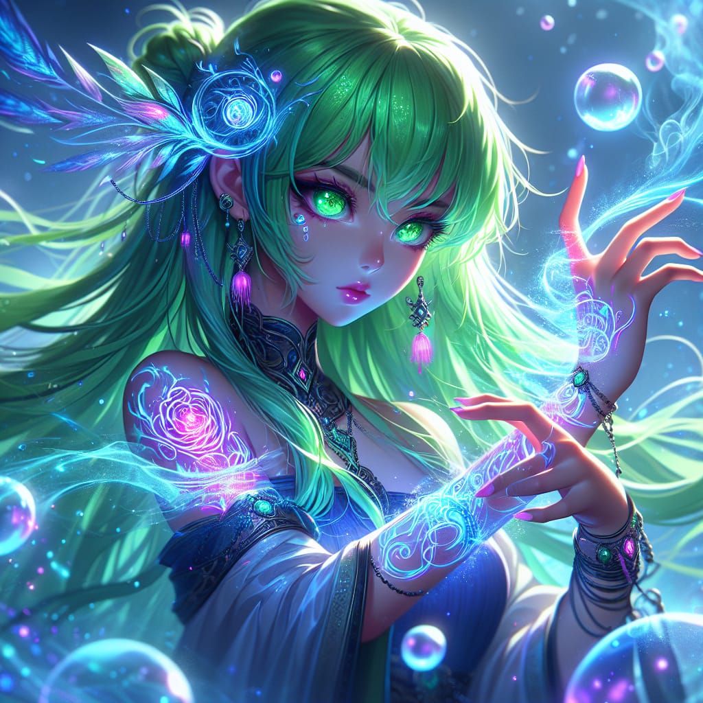 Anime Elementalist with Glowing Tattoos Generates Bubbles