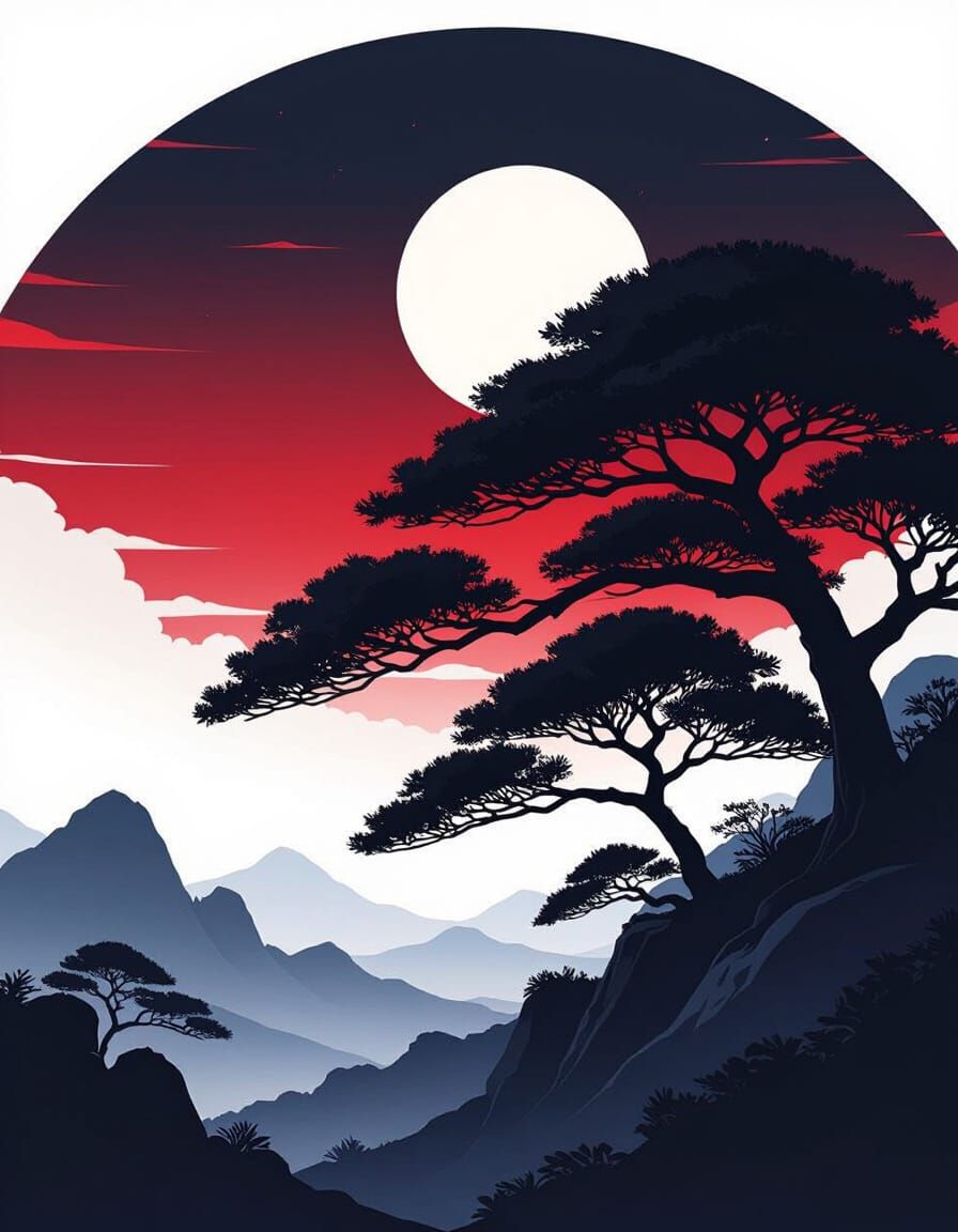 Luminous Moon Over Asian Landscape in Cinematic Style