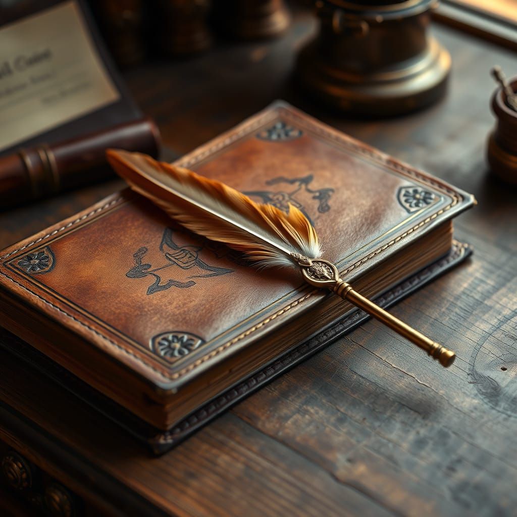 Leather Book and Quill in Baroque Style