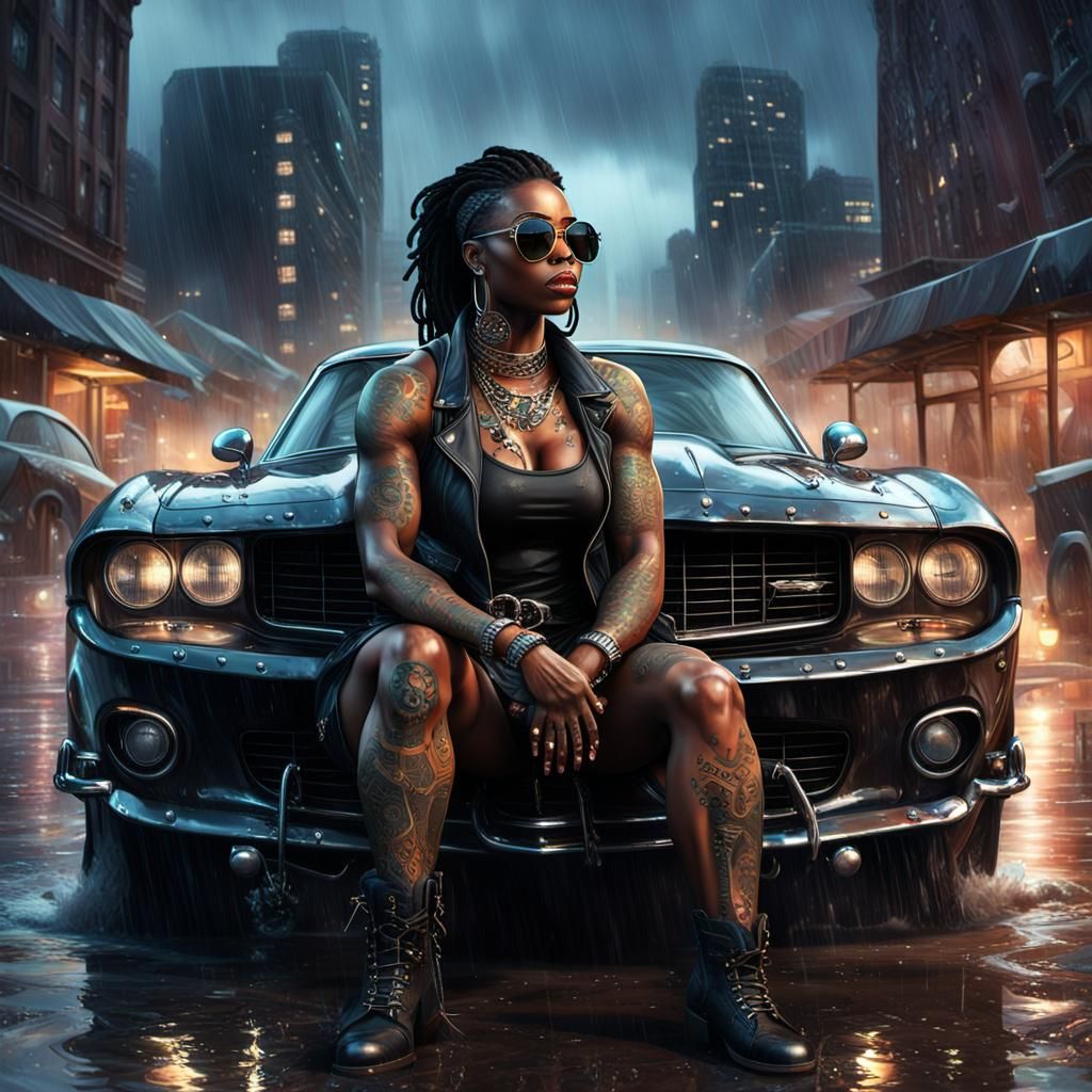 Gothic Digital Painting: Tattooed Woman in Rainy City