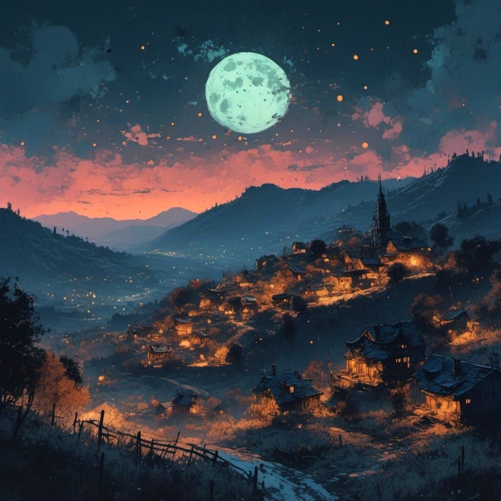 Moonlit Snowfall on a Mountain Town