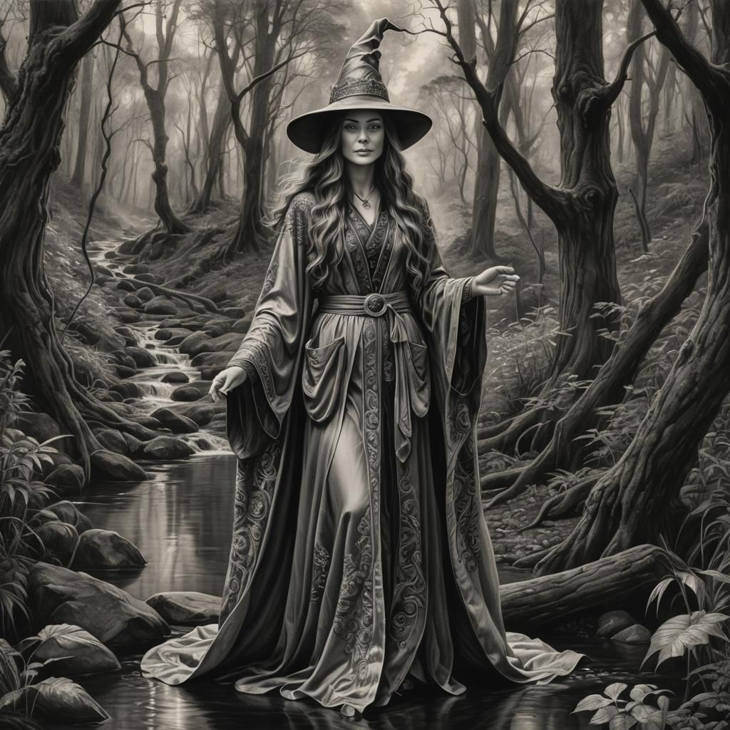 Detailed Charcoal Portrait of Attractive Female Wizard