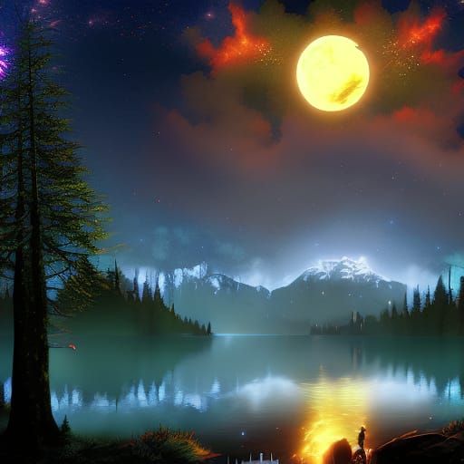 Romantic Campfire Under Starry Moonlight in Fantasy Forest