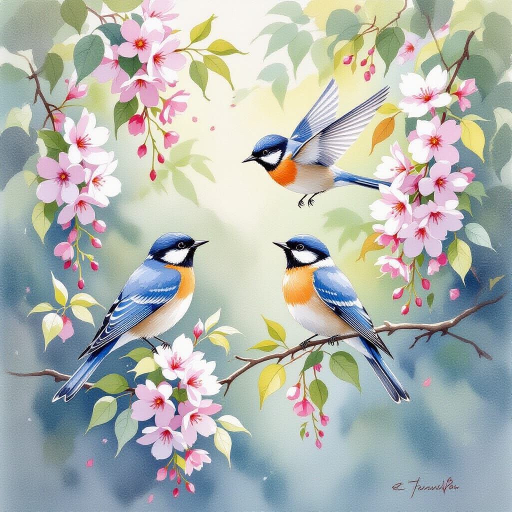 Swallows Amidst Wisteria in Watercolor Style