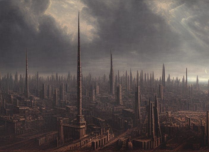 Dystopian Cityscape in Copper Engraving Style