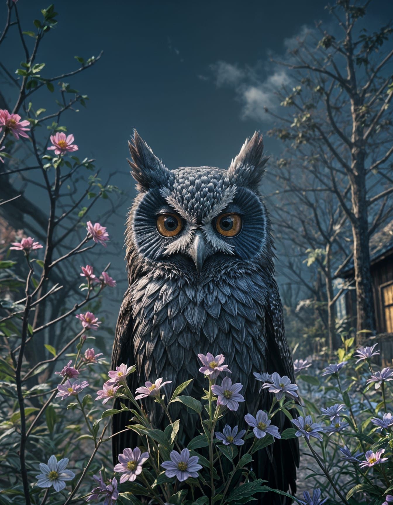 Floral Owls in Ominous Cinematic Scene