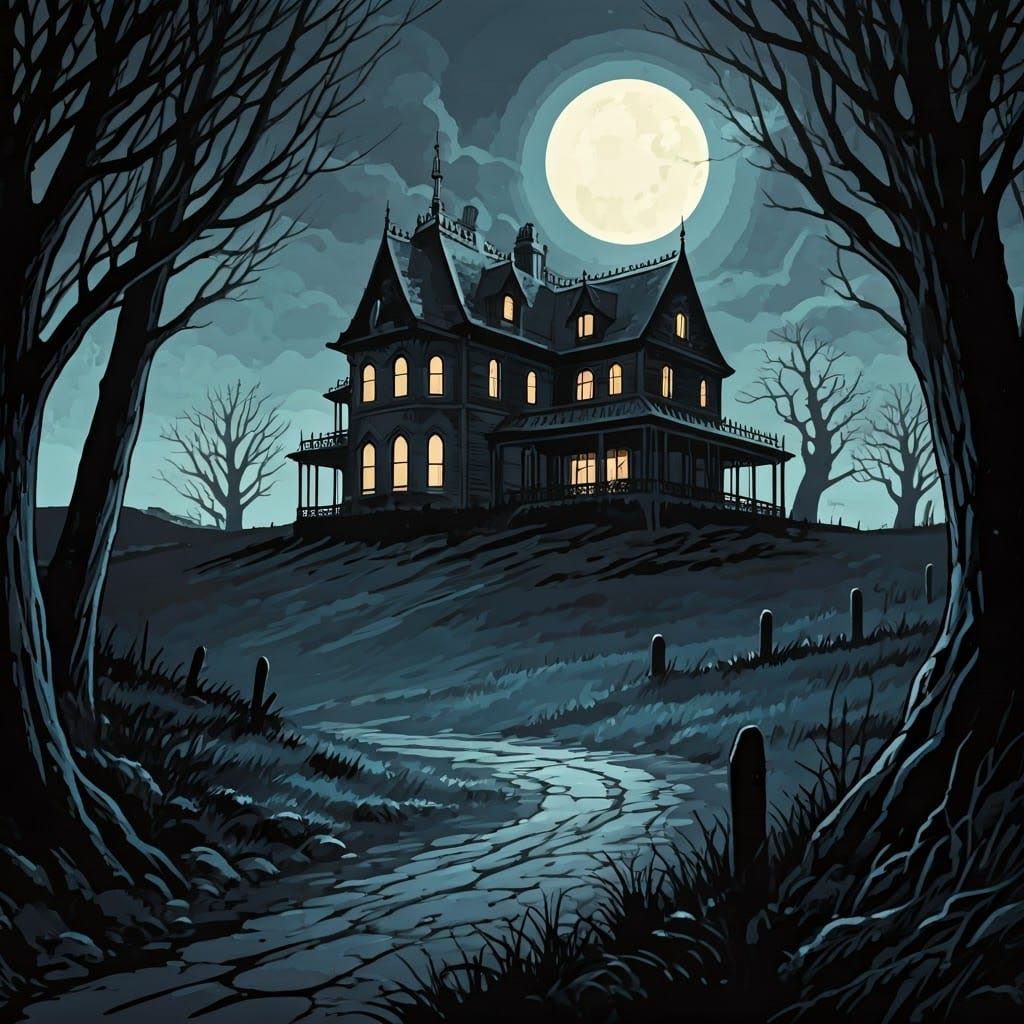 Sinister Haunted Mansion Gouache Illustration