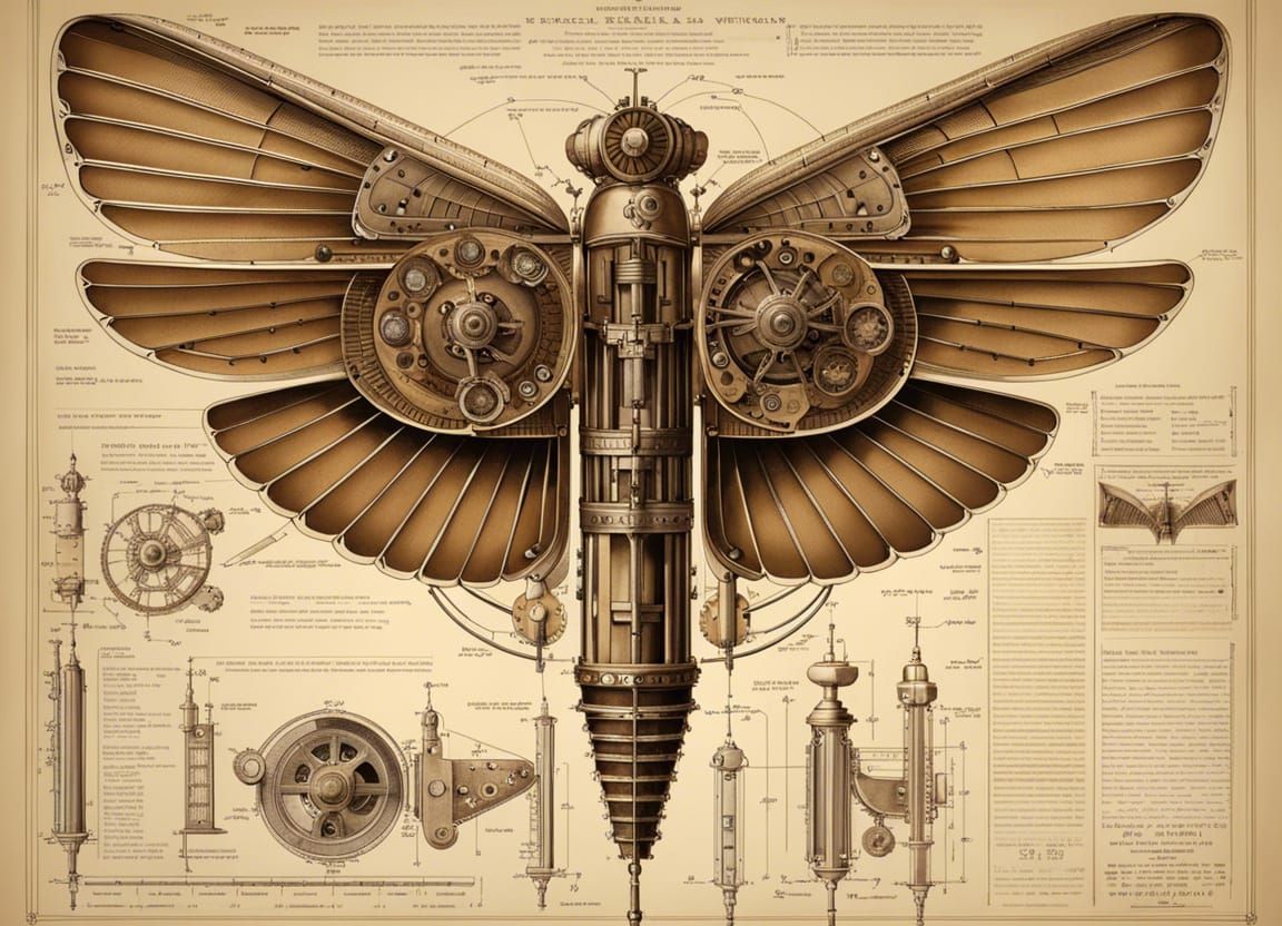 Elaborate Blueprint of Mechanical Wings in Sepia