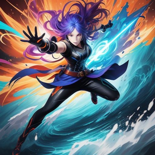 Vibrant Anime Hero Wields Glowing Sword in Dynamic Action Sc...