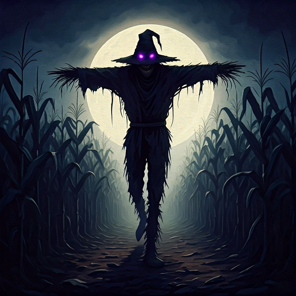 Creepy Scarecrow in Corn Field Under Full Moon