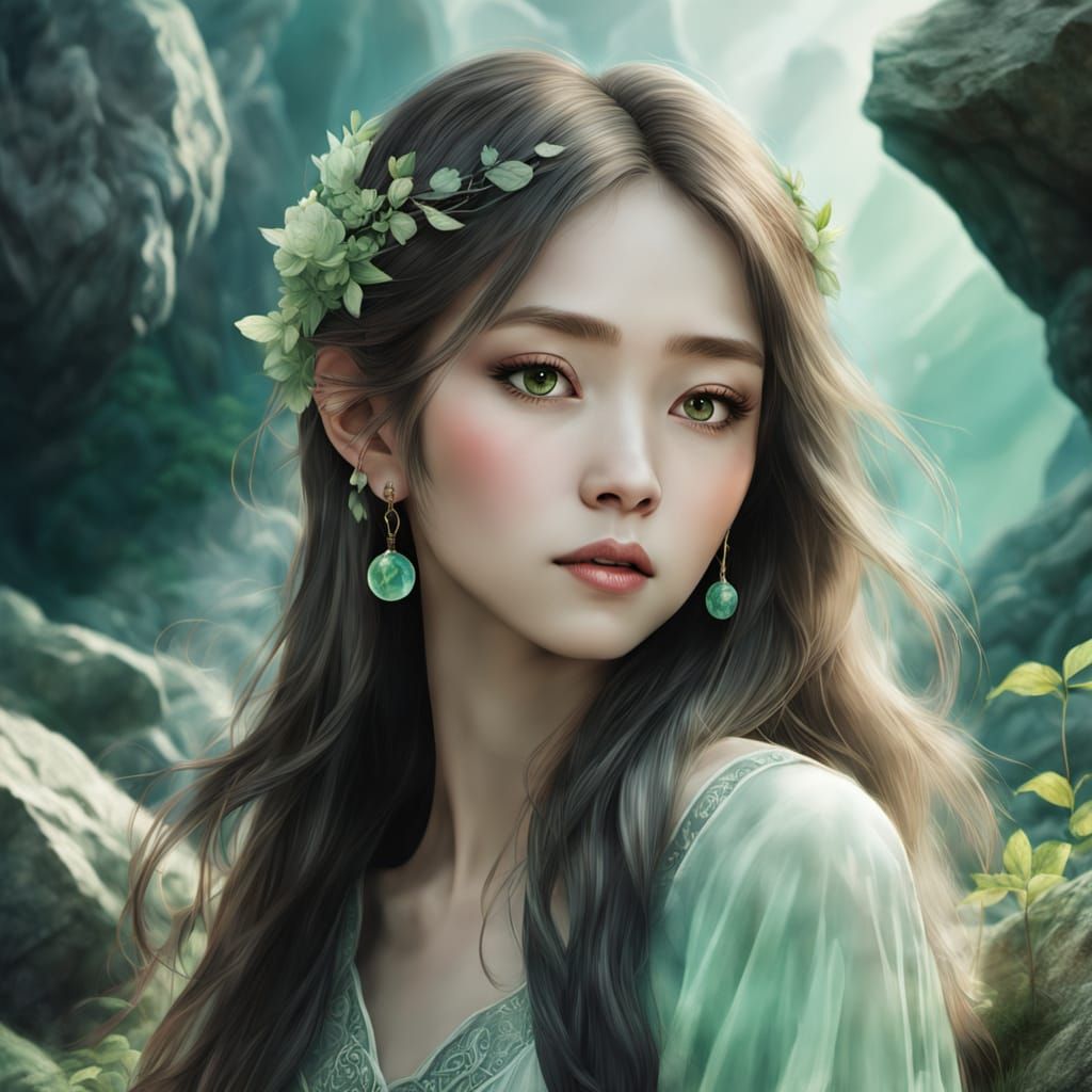 Anime Woman in Elven Dress with Acrylic Texture