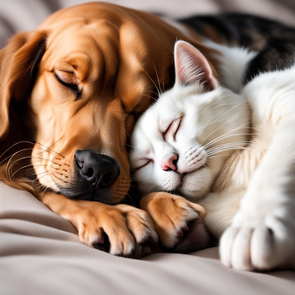 Dog and Cat Sleeping Peacefully Together