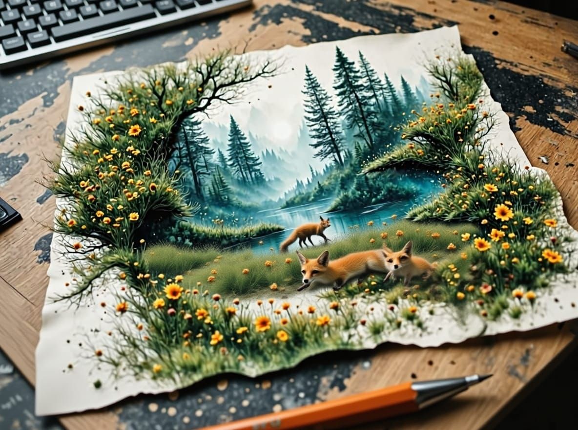 Surreal 3D Art: Foxes and Flowers Emerge from Drawing Paper