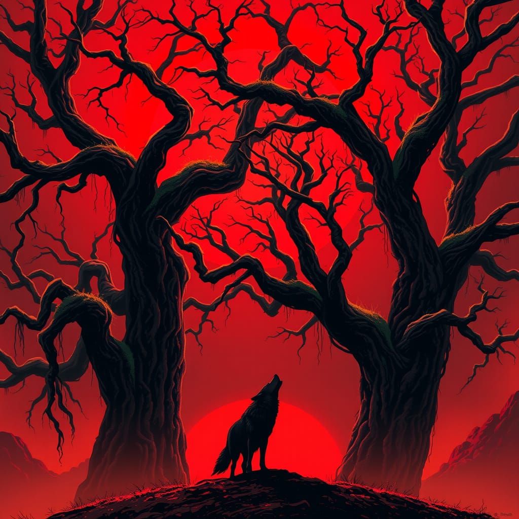 Wolf in Crimson Sunset, Dark Fantasy Art