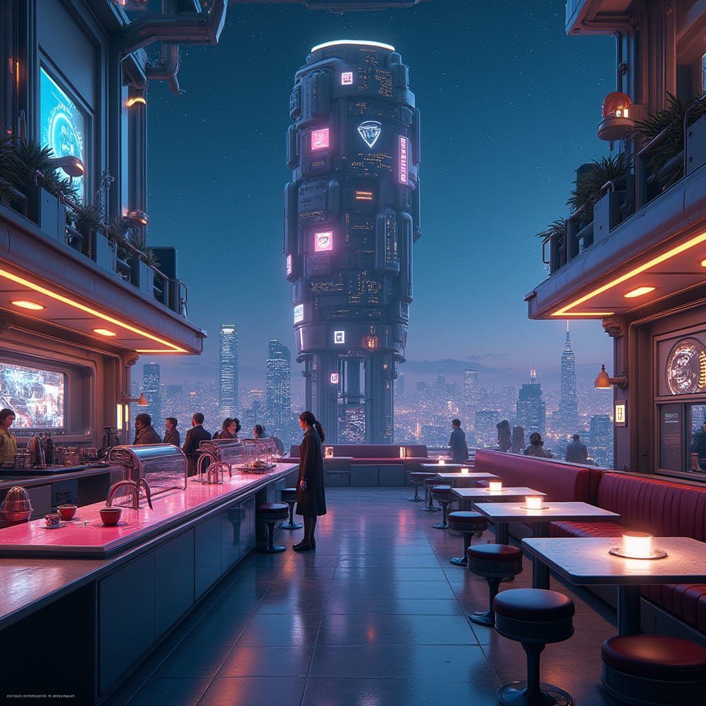 Cyberpunk Cafe in Futuristic Metropolis
