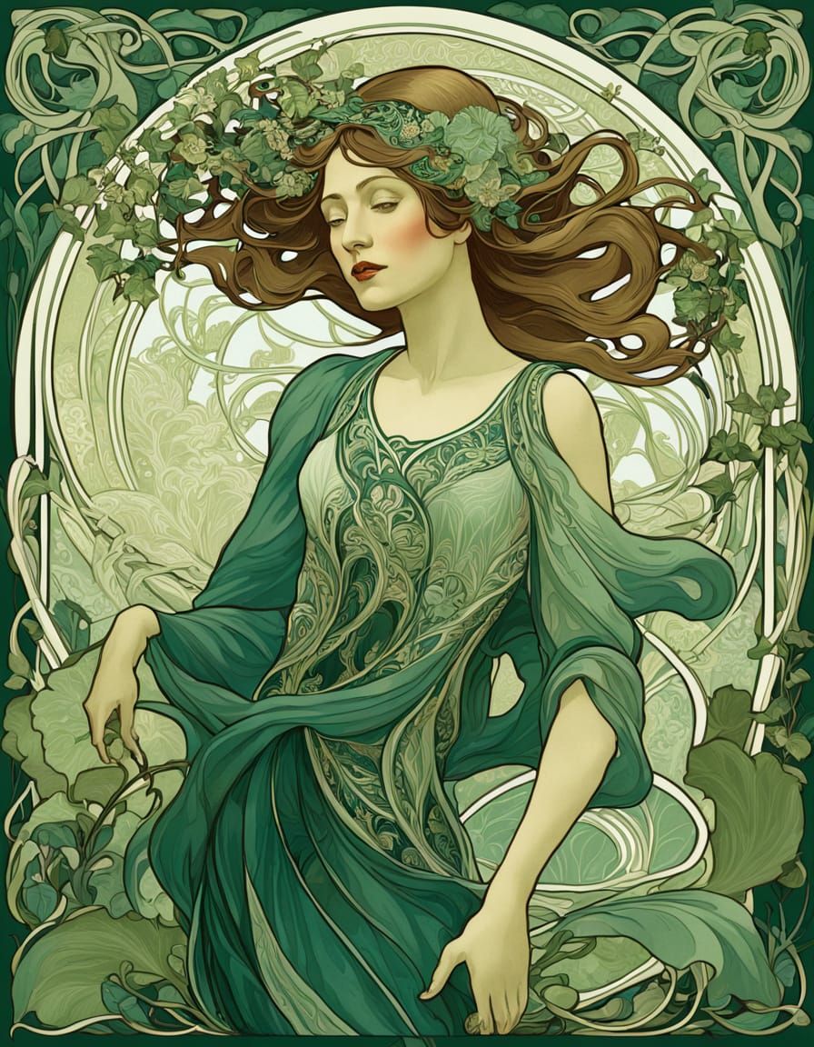 Art Nouveau Woman in Emerald Green Botanical Patterns