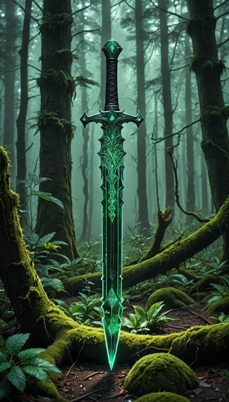 Neon Emerald Ice Sword in Eerie Forest