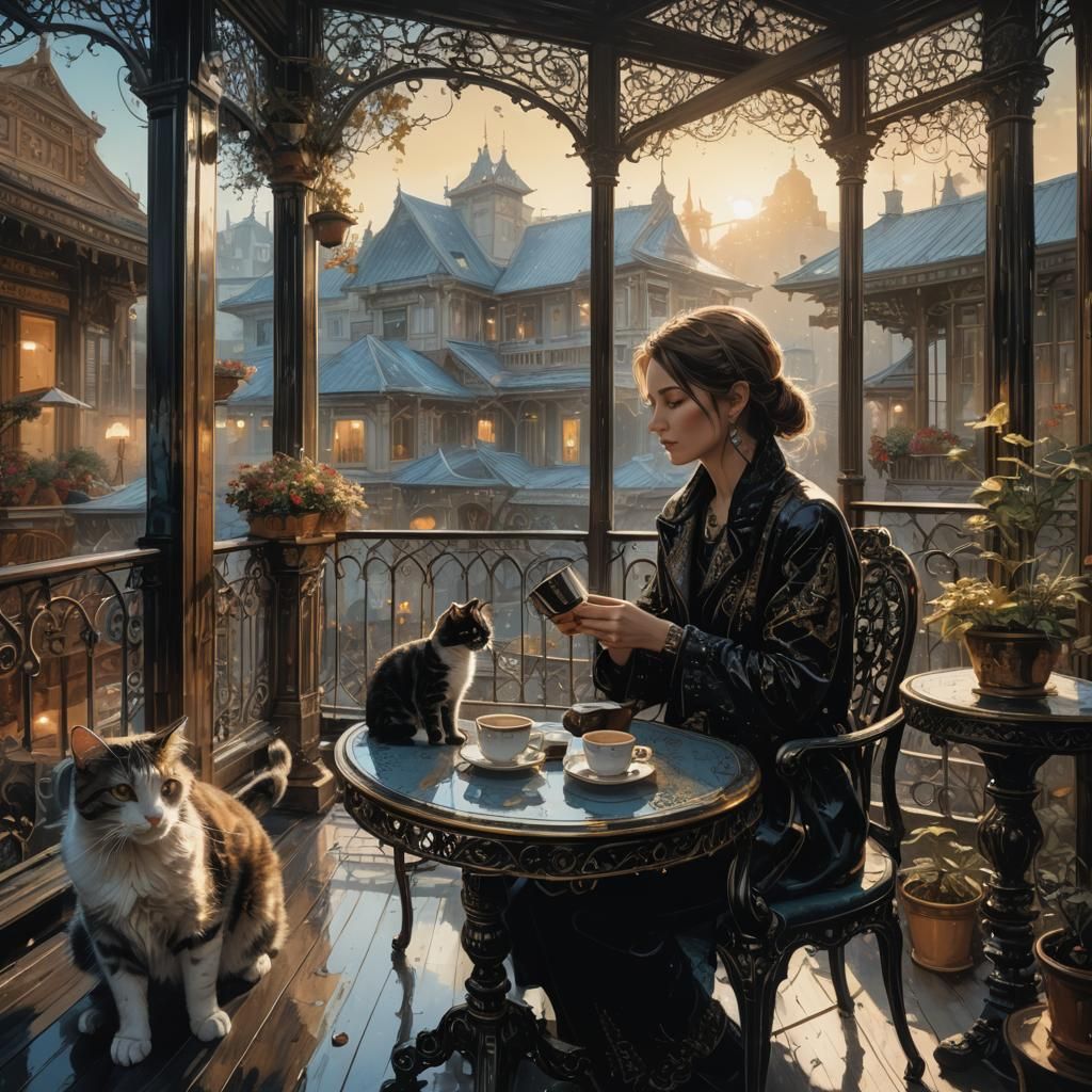 Hypermaximalist Ink Illustration: Woman and Cat on Veranda