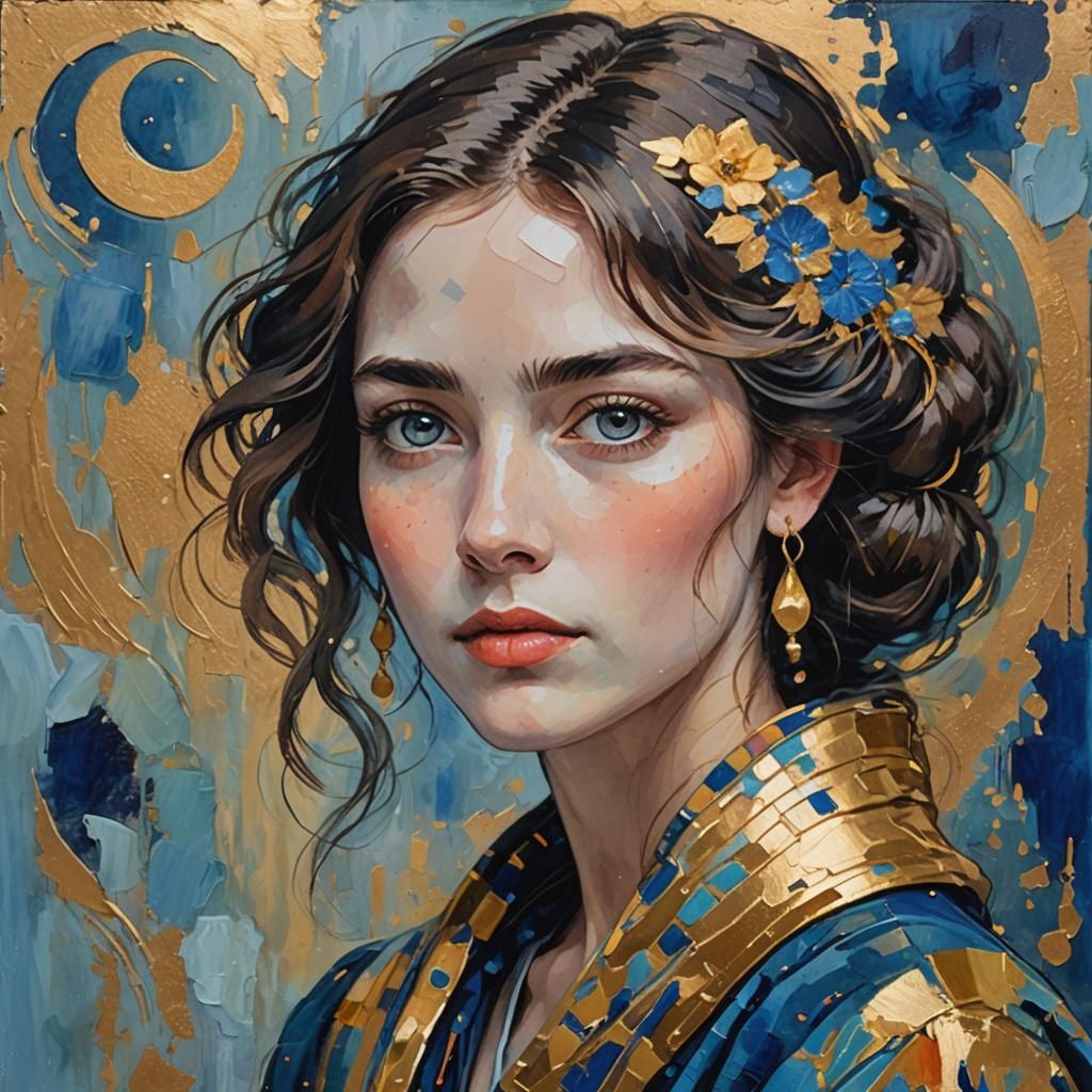 Gouache Portrait of Woman with Crescent Moon Eyes