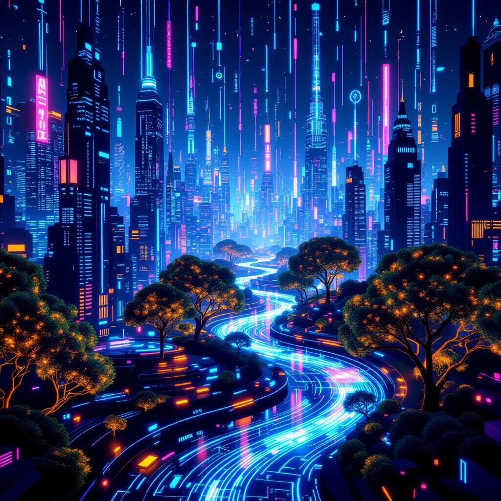 Digital Code Cityscape Pulsating with Binary Energy