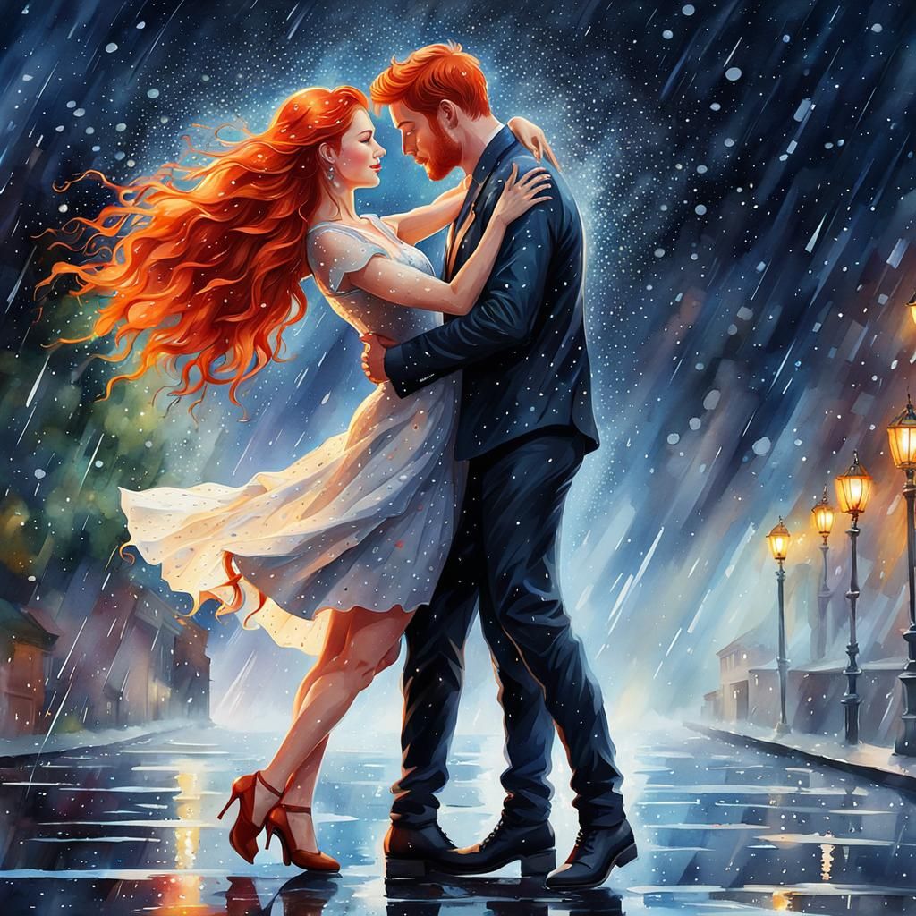 Watercolor Couple Dancing in the Rain Portrait